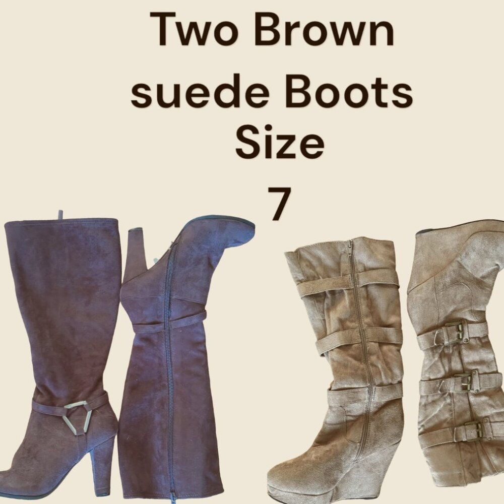 Two Pair (2) Suede Tall Boots Sz 7, Light Brown & Dark Brown Shoes, Winter Boots